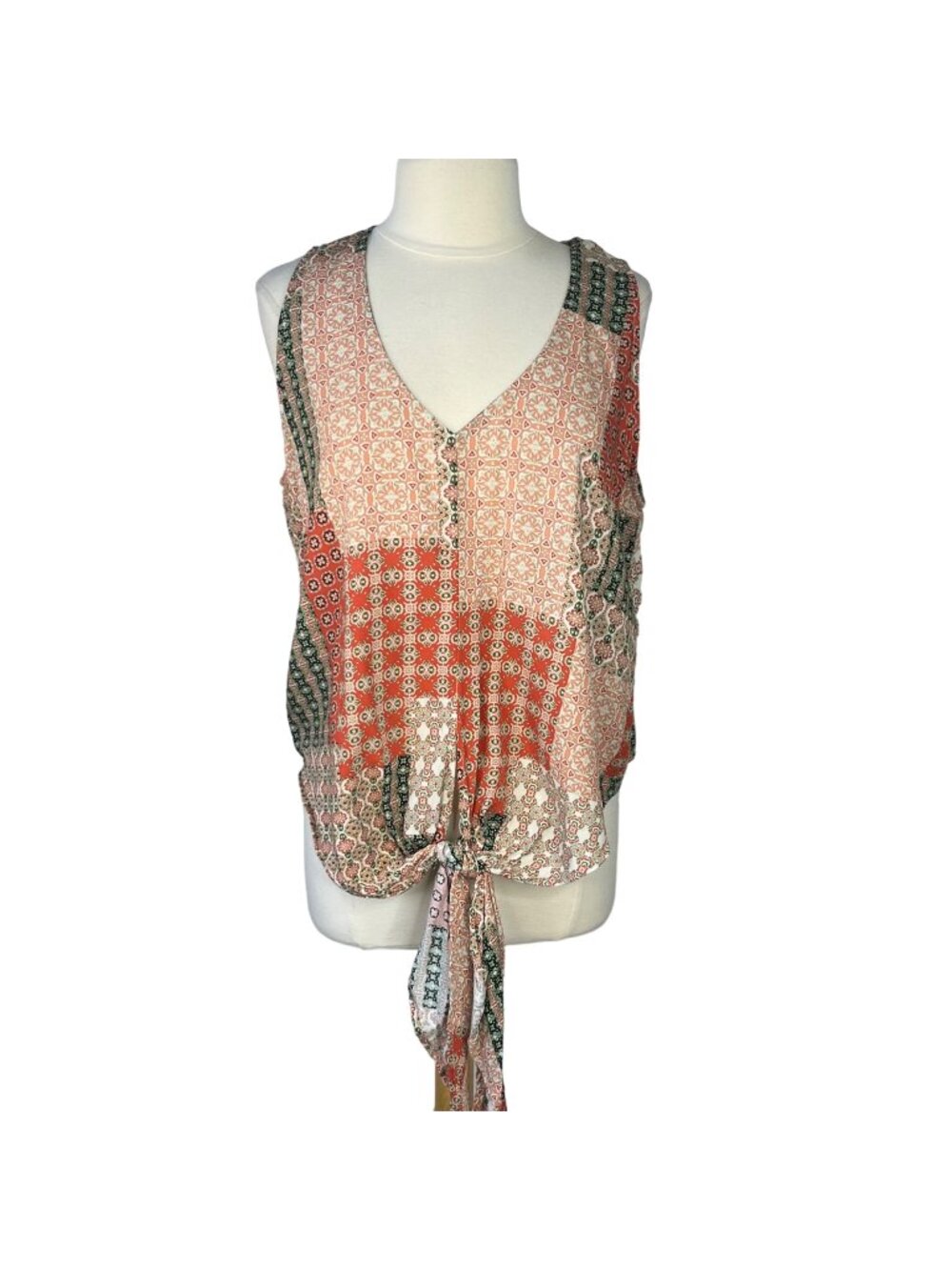 Polly & Esther Blouse Top Front Tie Patchwork Sleeveless XL Peach New